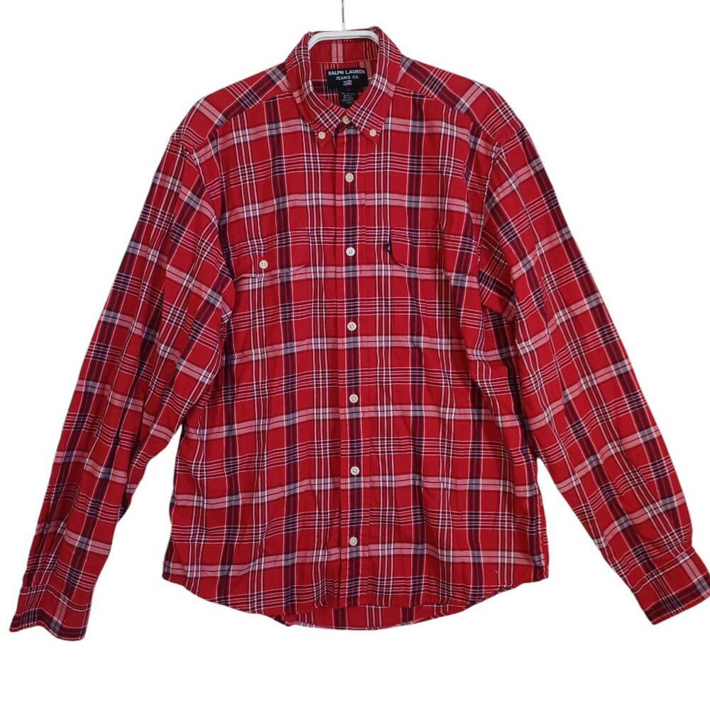 Ralph Lauren Jeans Co Red Plaid Shirt‎ Men Large Classic Long Sleeve Button Down